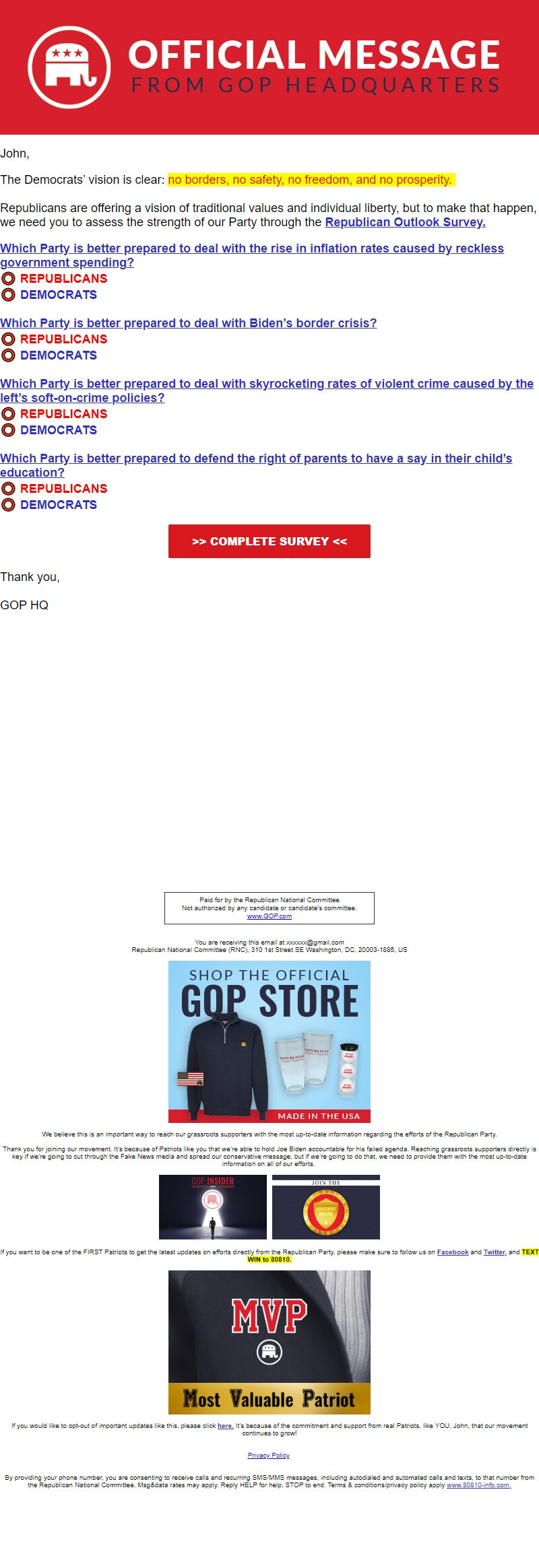 Screenshot of the email generated on import