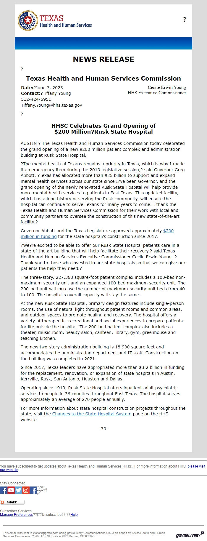 Screenshot of the email generated on import