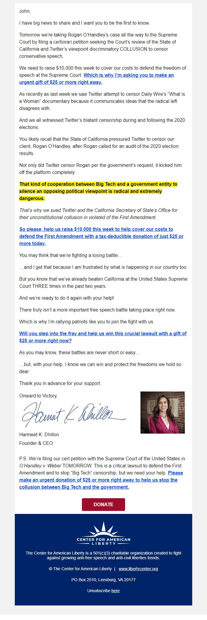Screenshot of the email generated on import