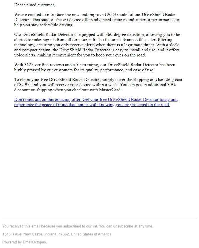 Screenshot of the email generated on import