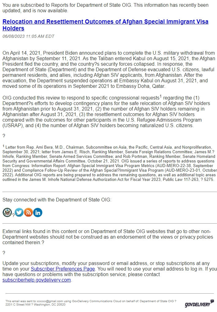 Screenshot of the email generated on import