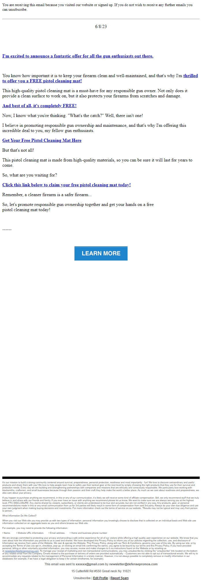 Screenshot of the email generated on import