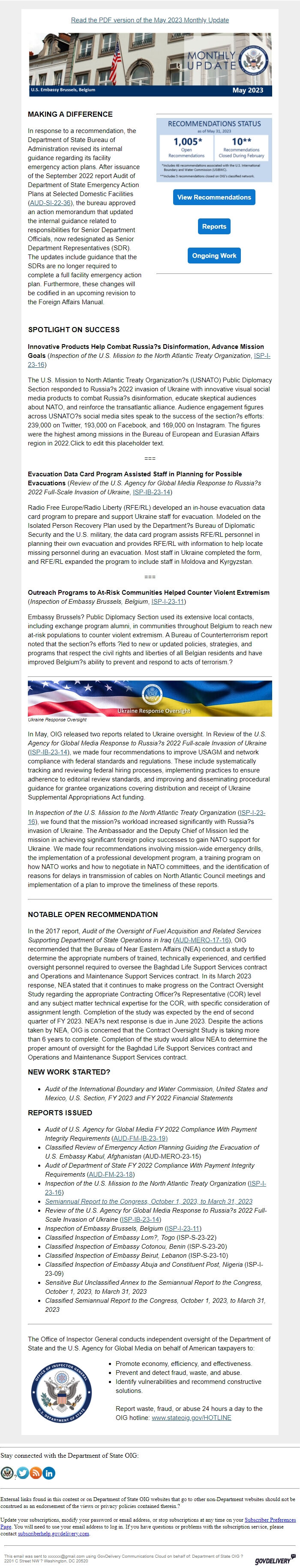 Screenshot of the email generated on import