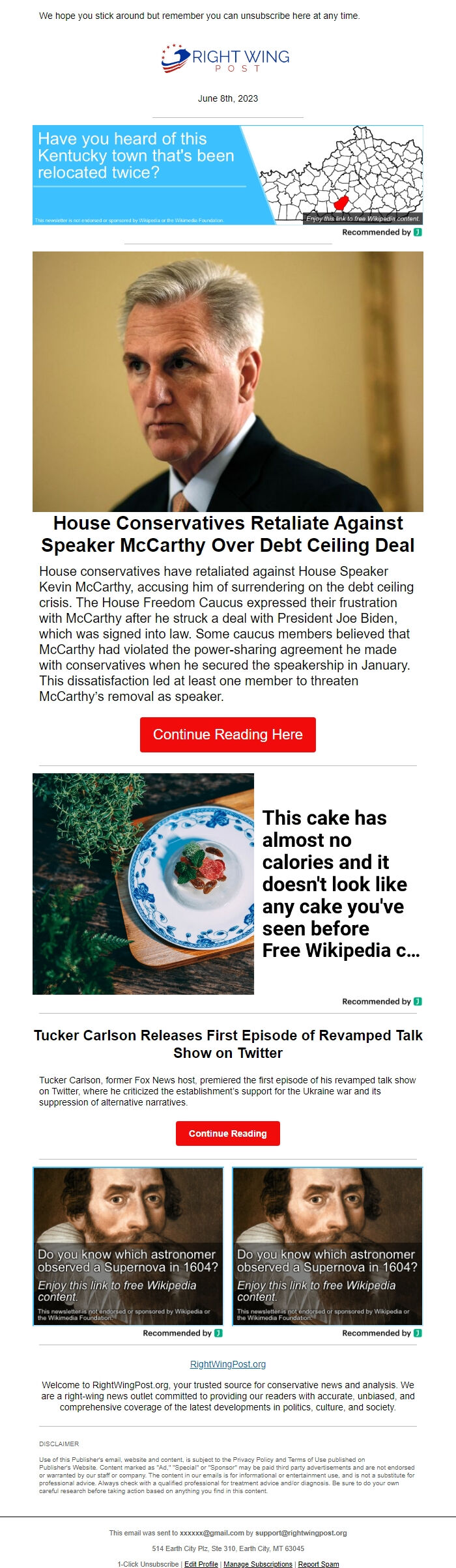 Screenshot of the email generated on import