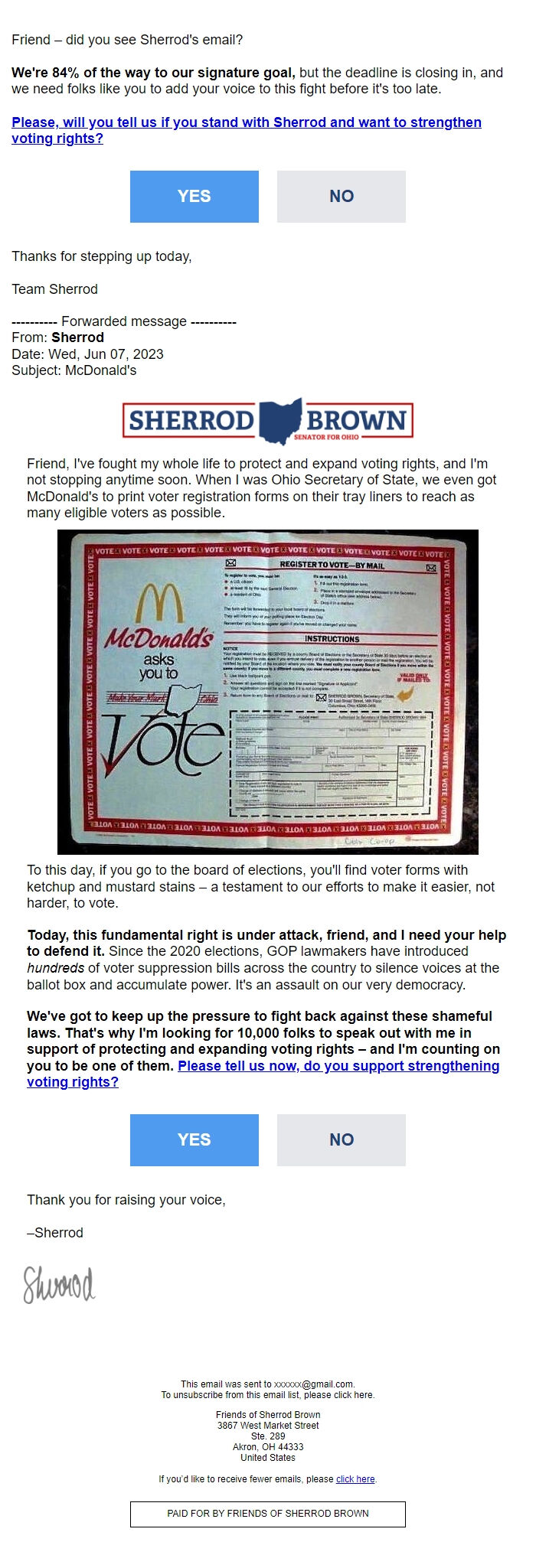 Screenshot of the email generated on import