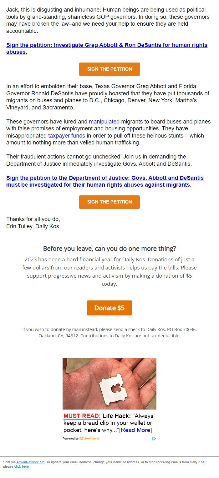 Screenshot of the email generated on import