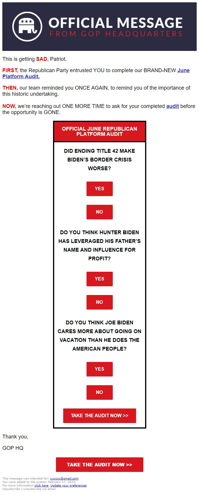 Screenshot of the email generated on import