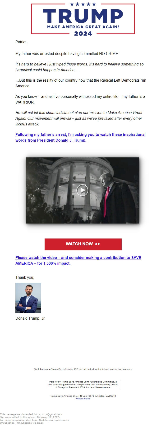 Screenshot of the email generated on import