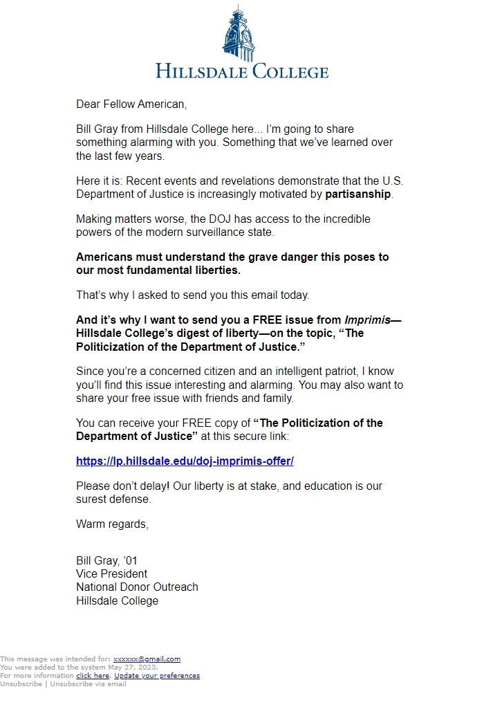 Screenshot of the email generated on import