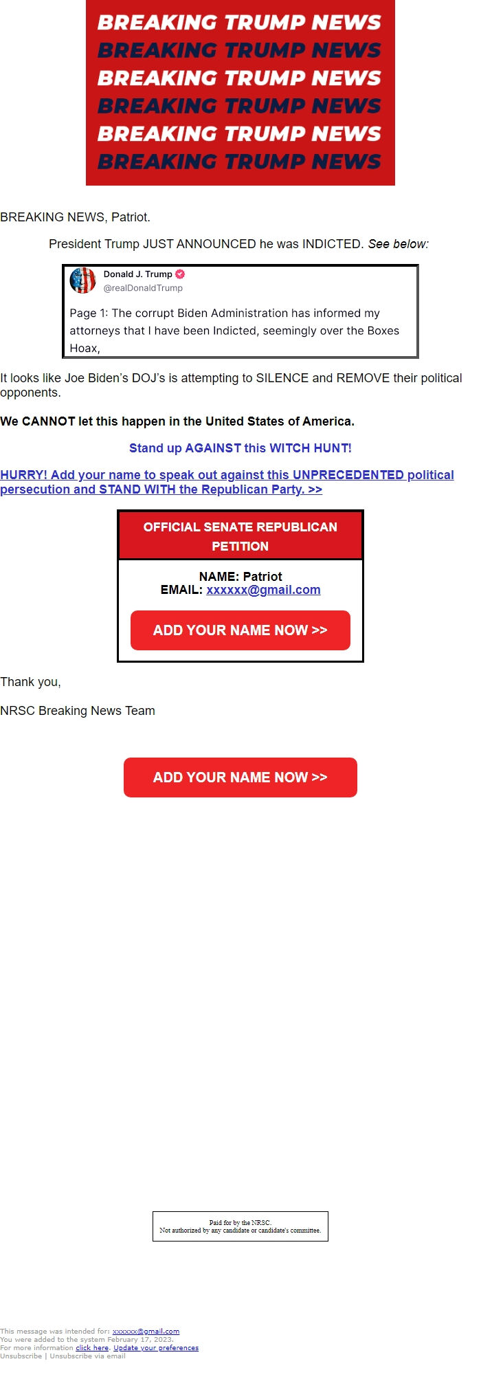 Screenshot of the email generated on import