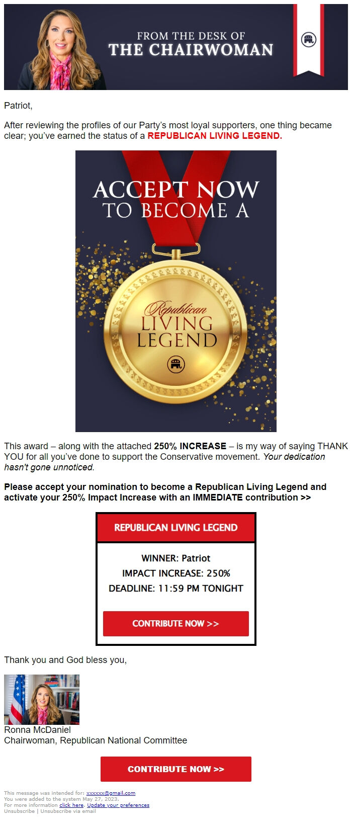 Screenshot of the email generated on import