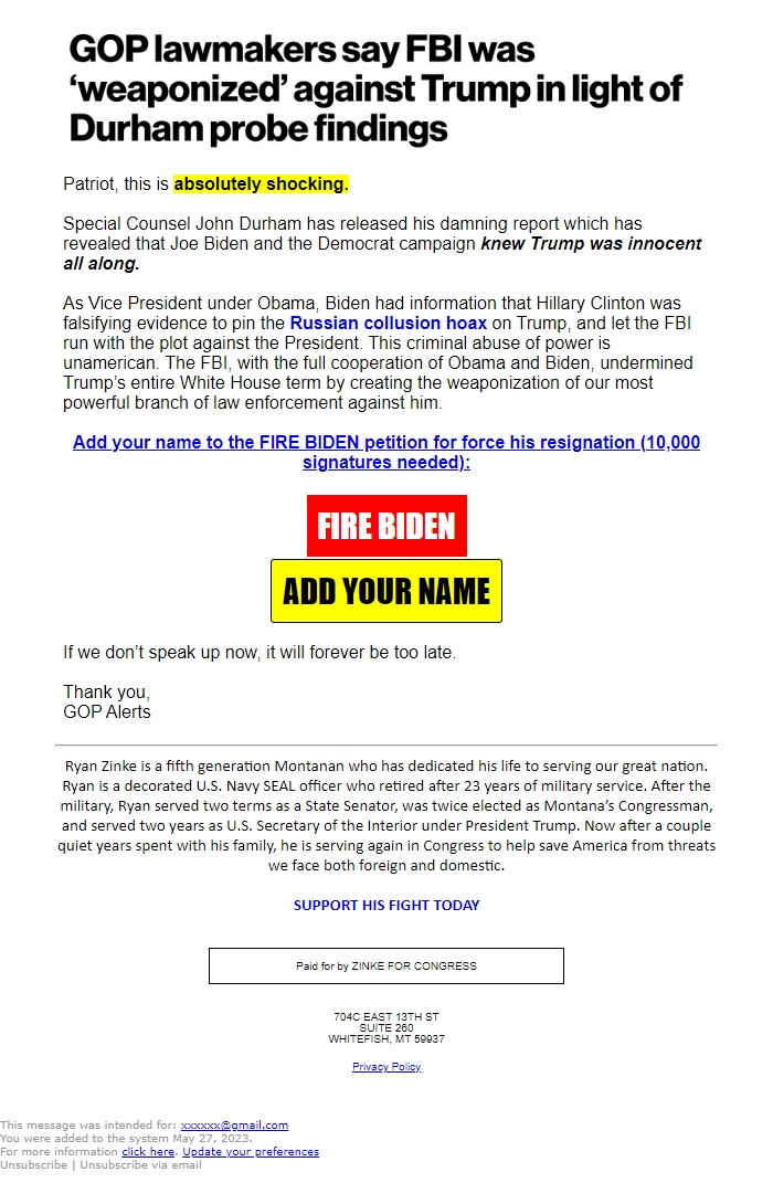 Screenshot of the email generated on import