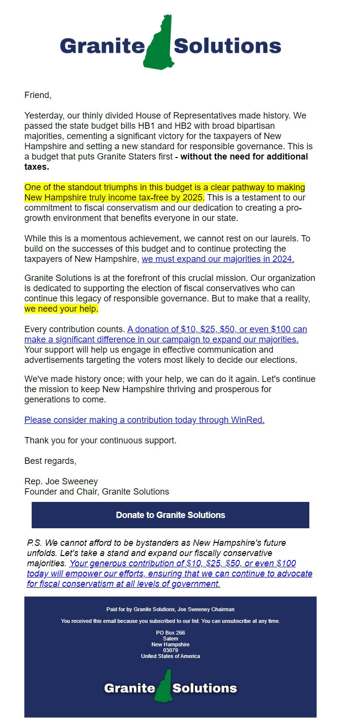 Screenshot of the email generated on import