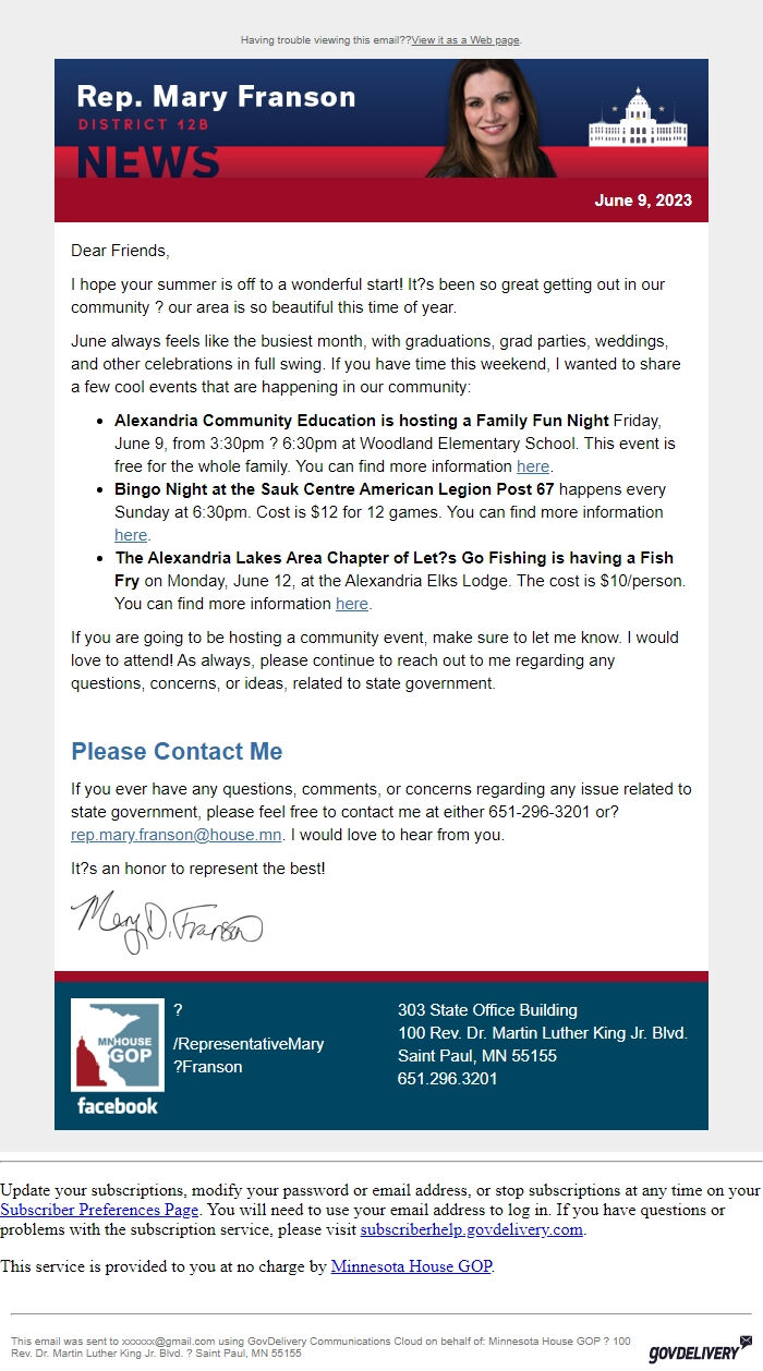 Screenshot of the email generated on import