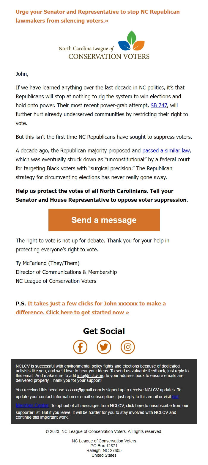 Screenshot of the email generated on import