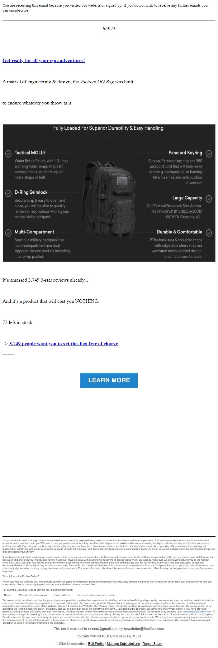 Screenshot of the email generated on import