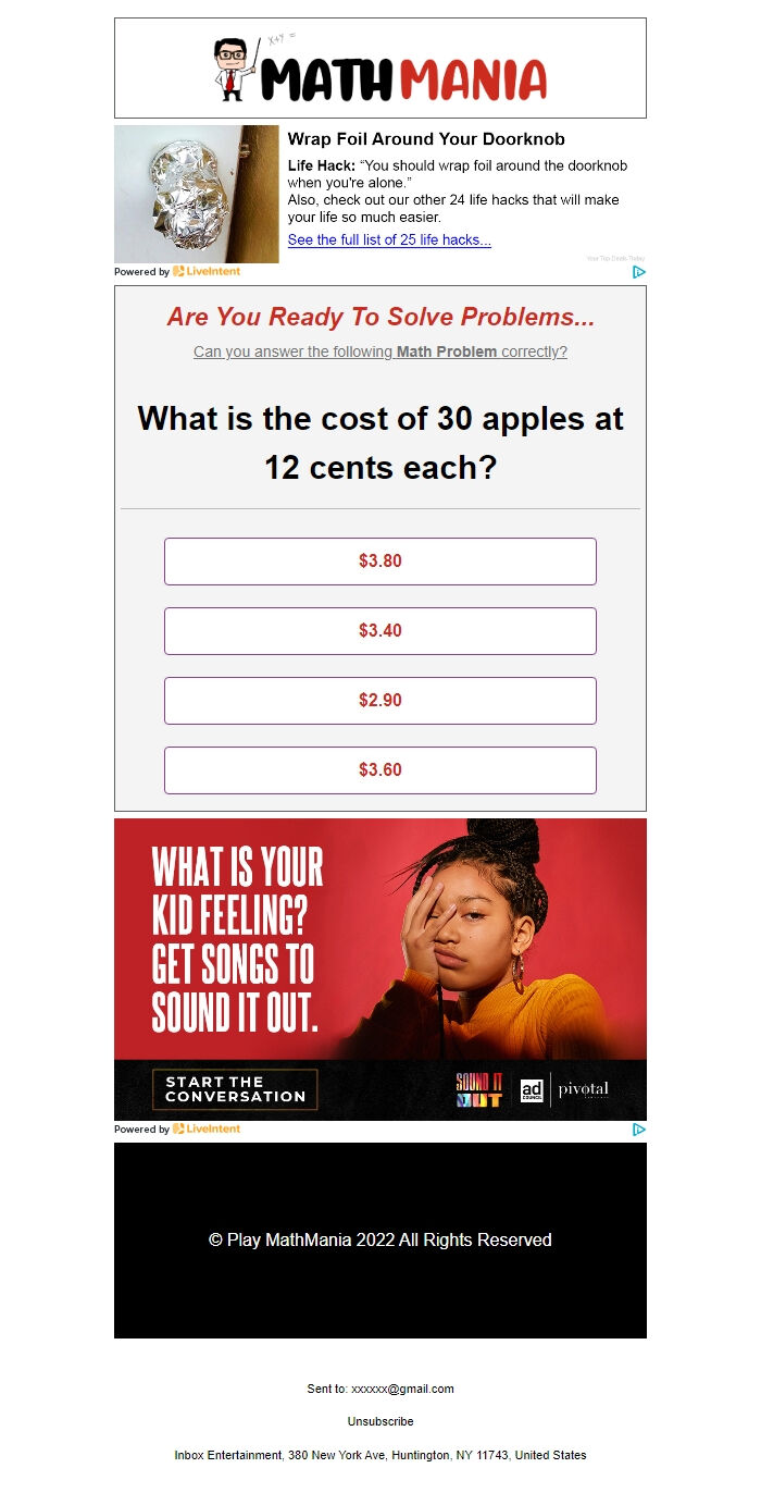 Screenshot of the email generated on import