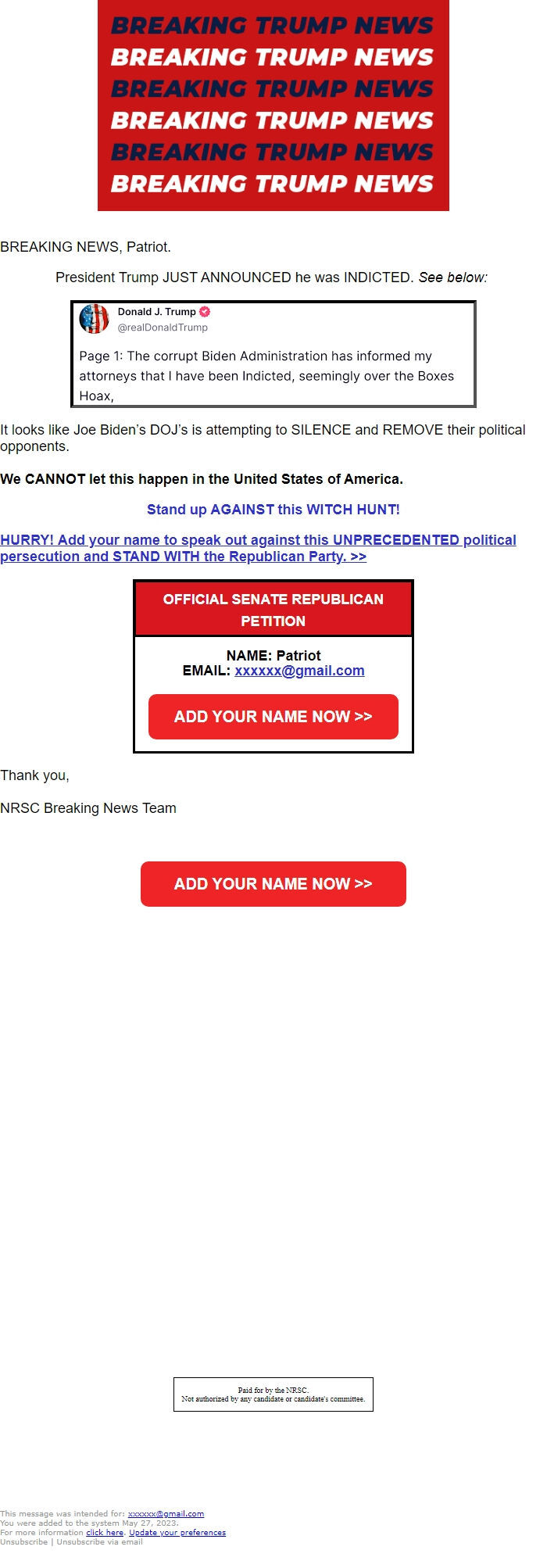 Screenshot of the email generated on import