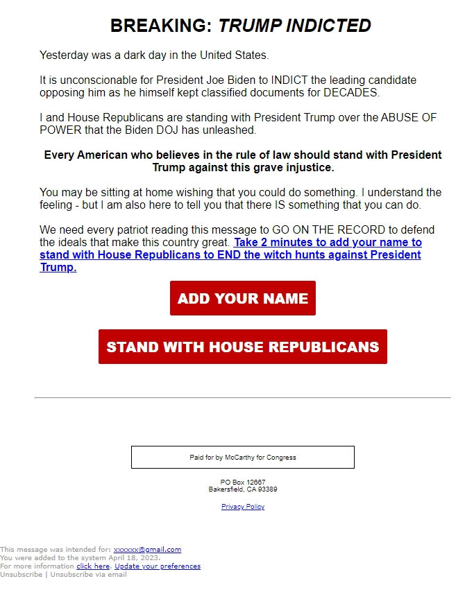 Screenshot of the email generated on import