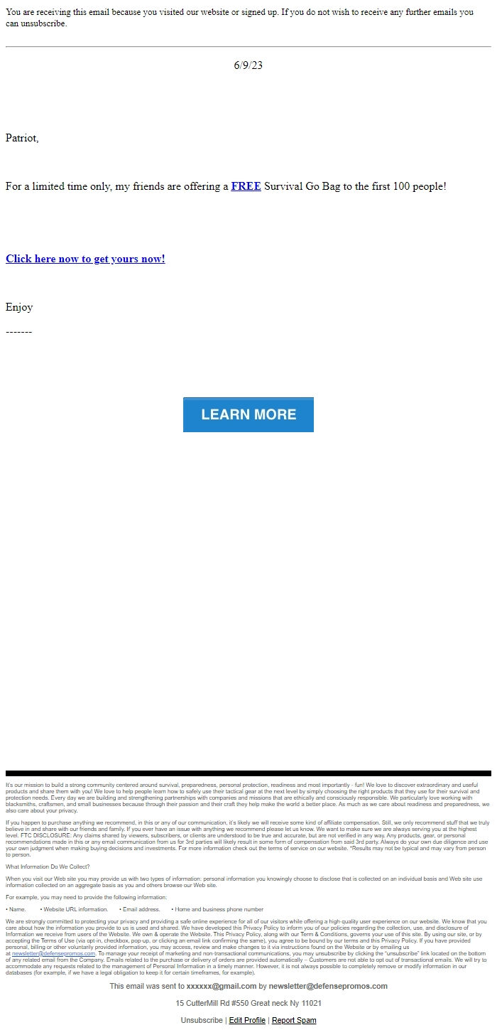 Screenshot of the email generated on import