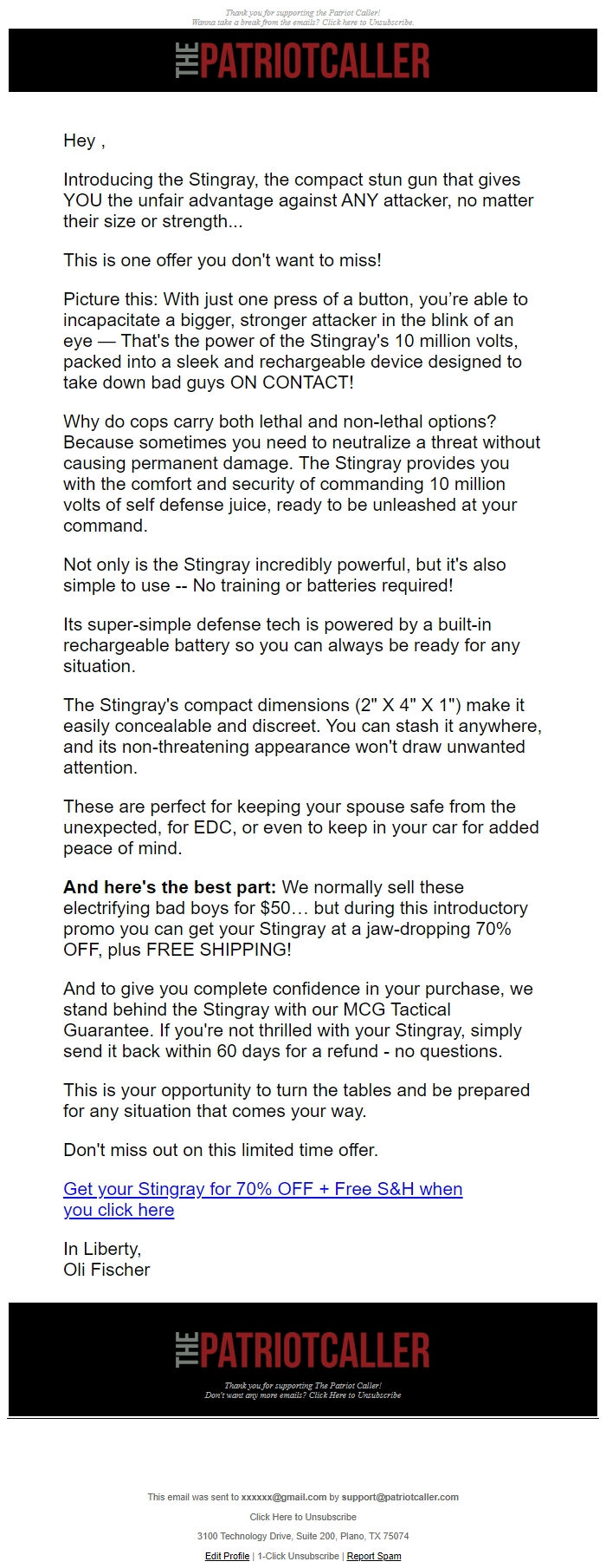 Screenshot of the email generated on import