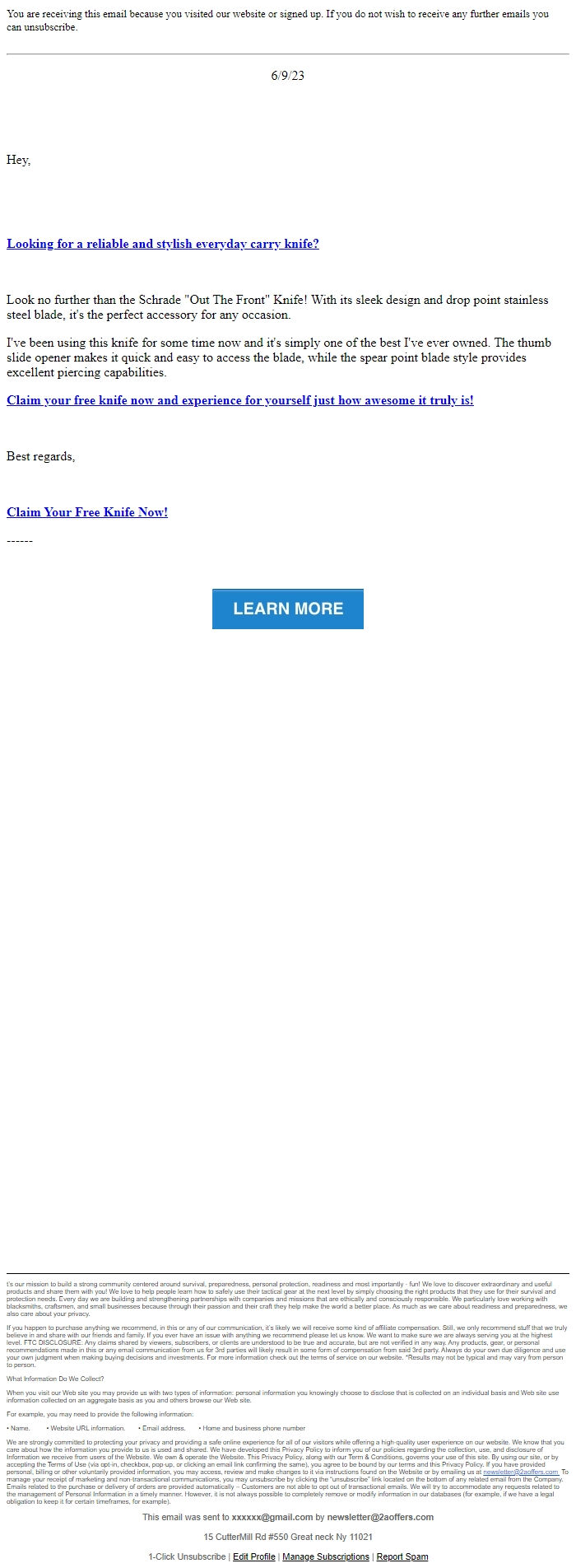 Screenshot of the email generated on import