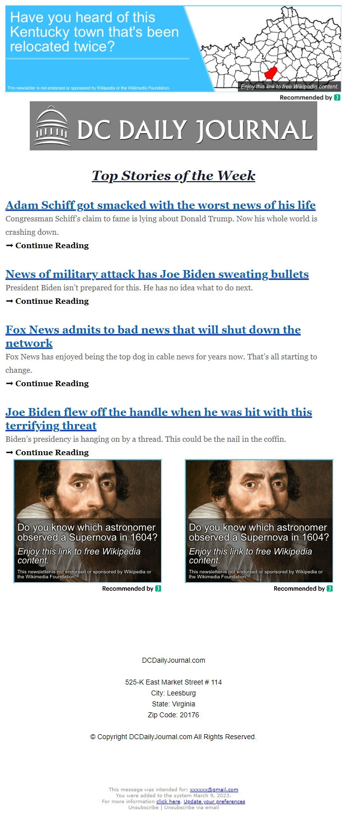 Screenshot of the email generated on import