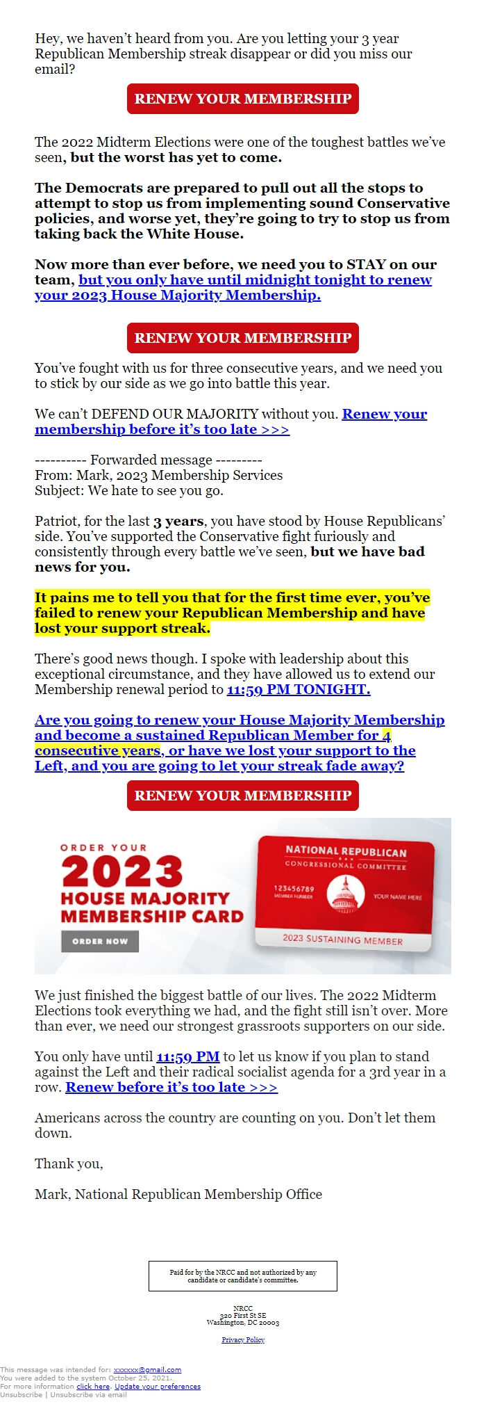 Screenshot of the email generated on import