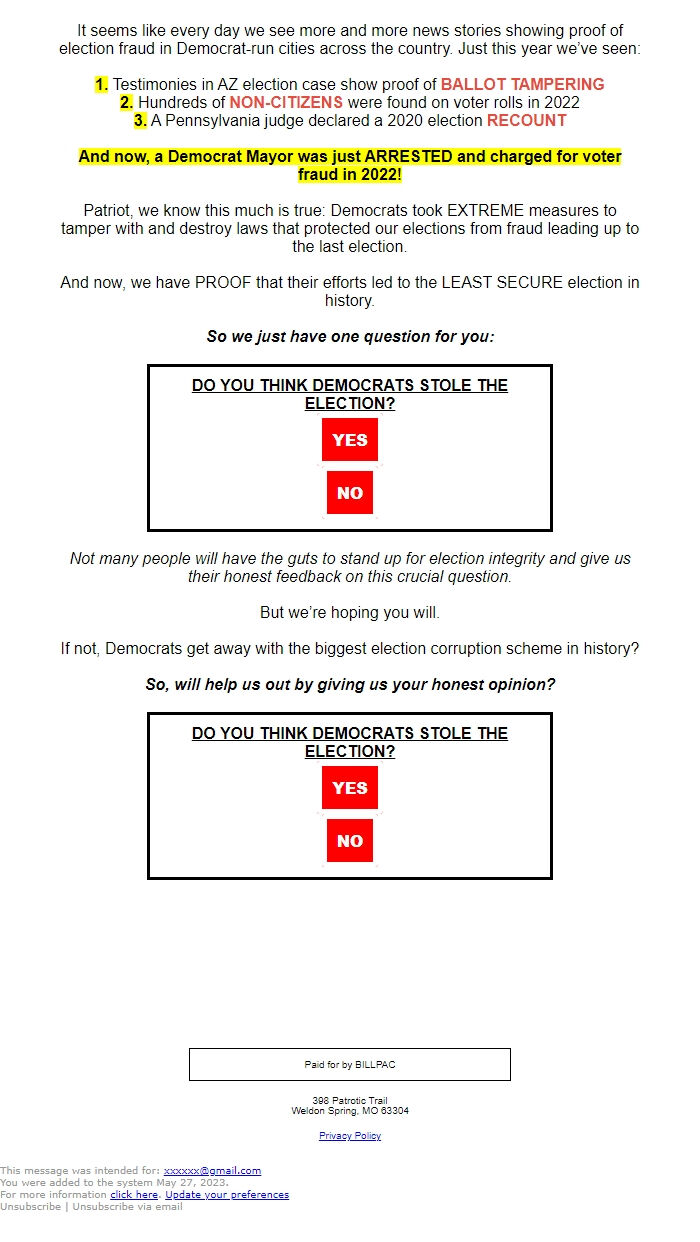 Screenshot of the email generated on import