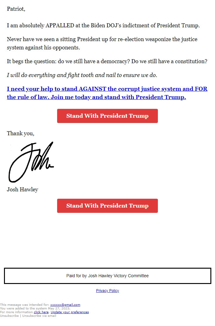 Screenshot of the email generated on import