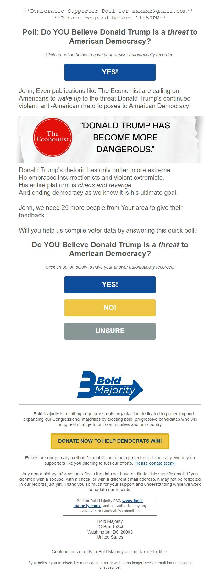 Screenshot of the email generated on import