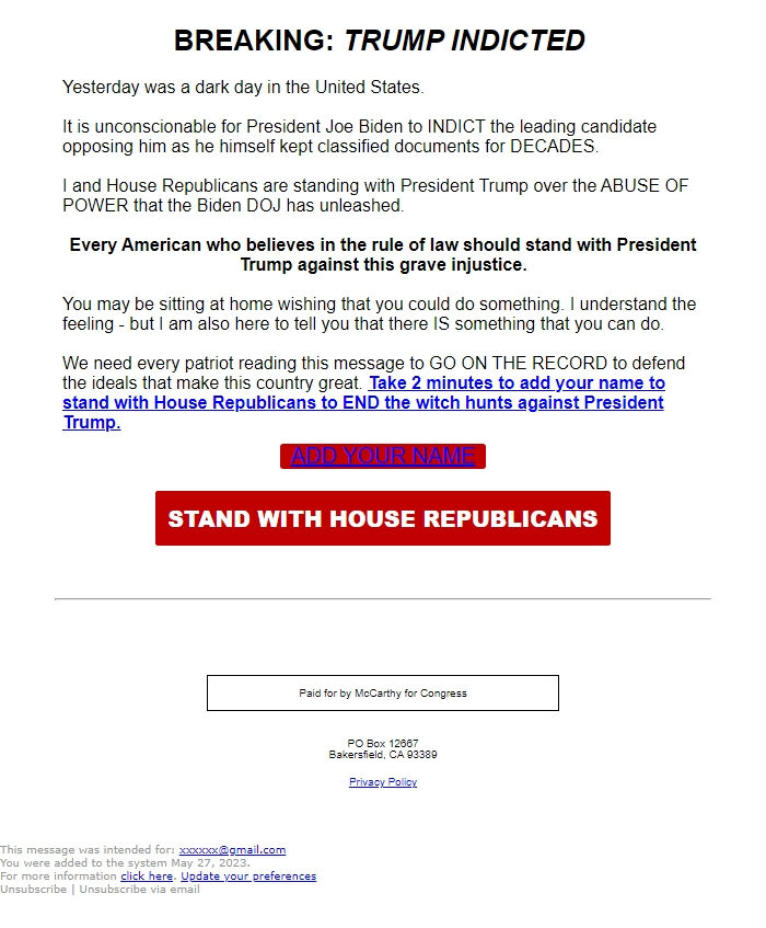 Screenshot of the email generated on import