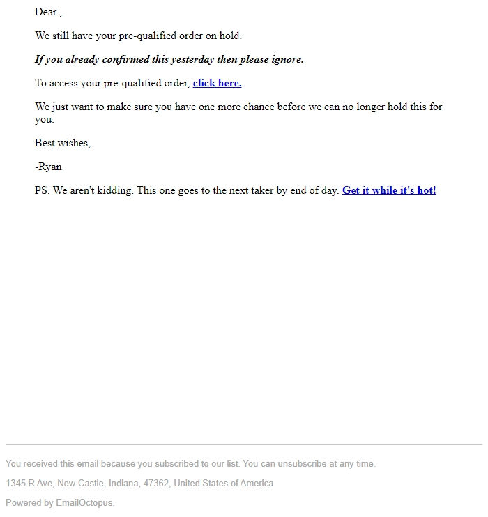 Screenshot of the email generated on import