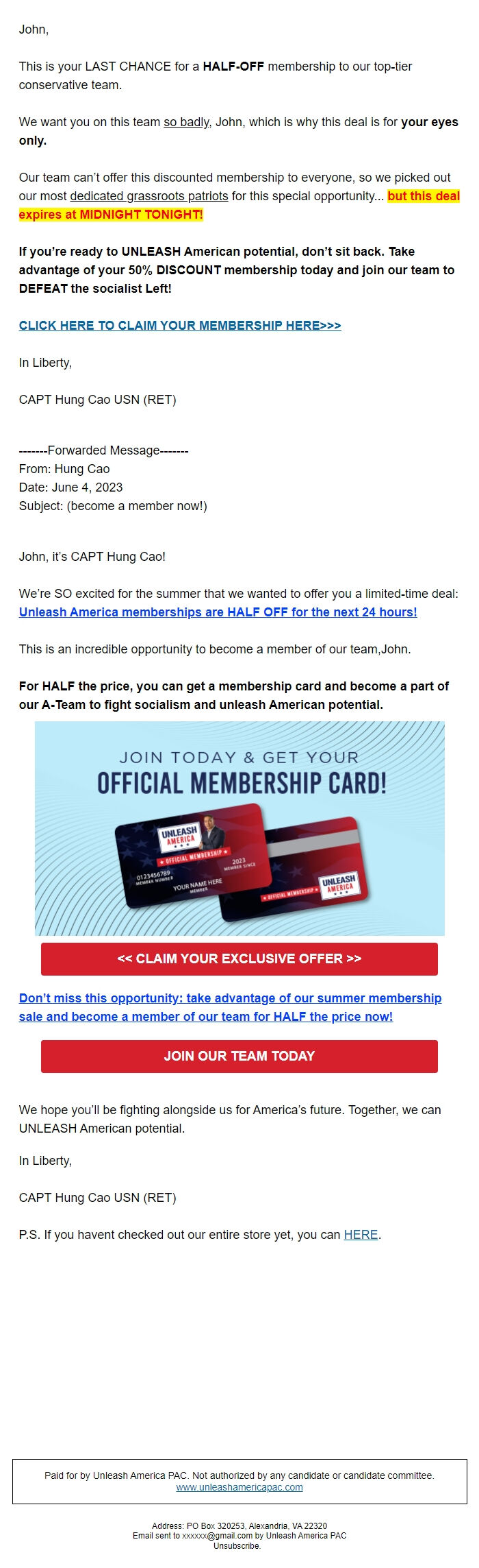 Screenshot of the email generated on import