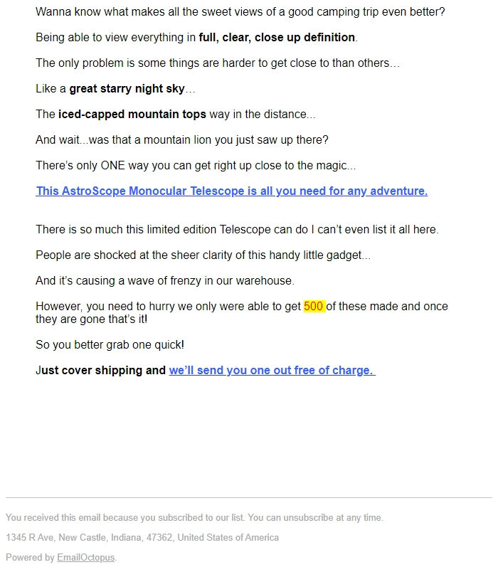 Screenshot of the email generated on import