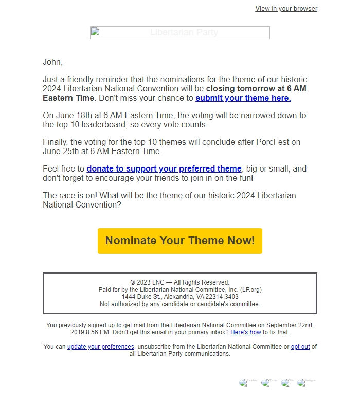 Screenshot of the email generated on import