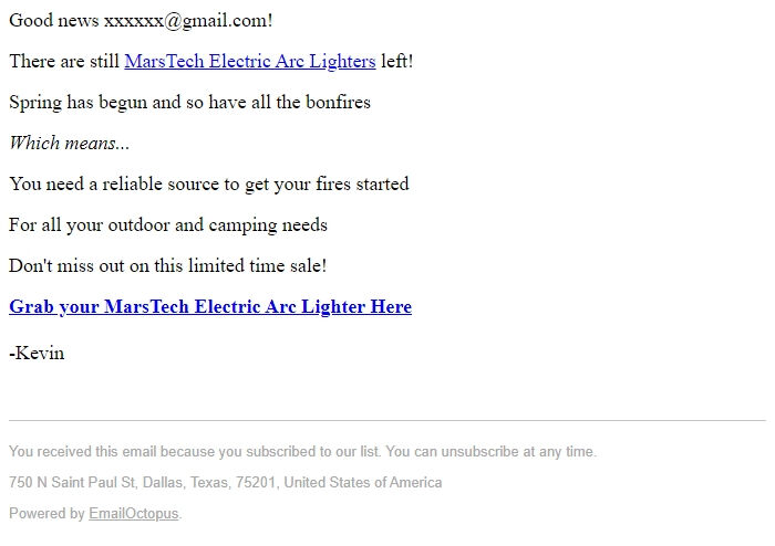 Screenshot of the email generated on import