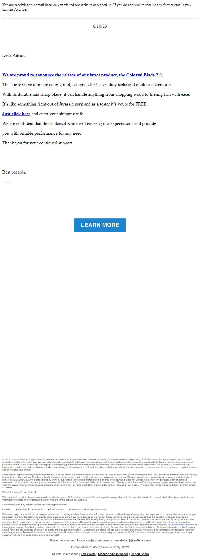 Screenshot of the email generated on import