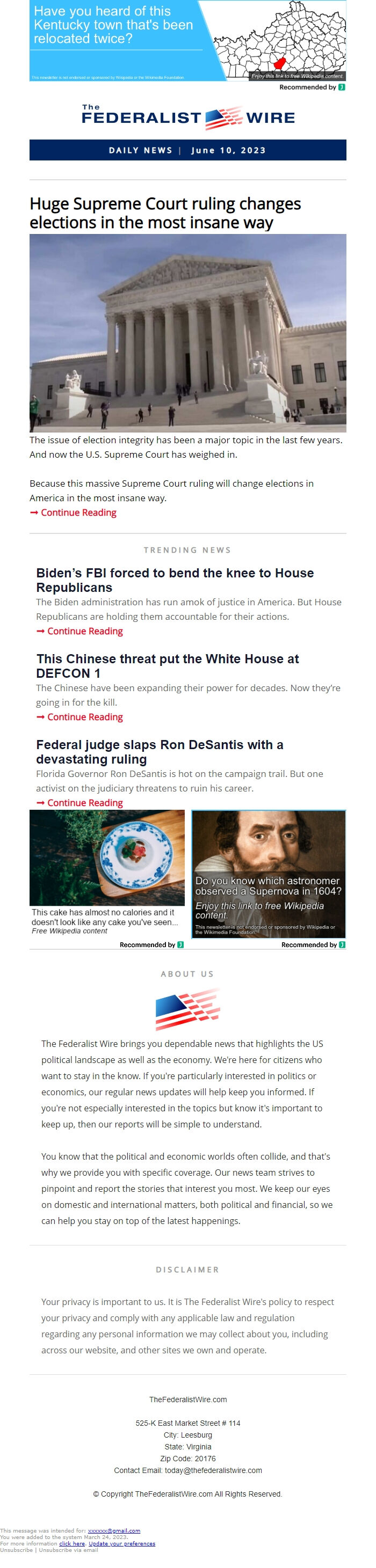 Screenshot of the email generated on import