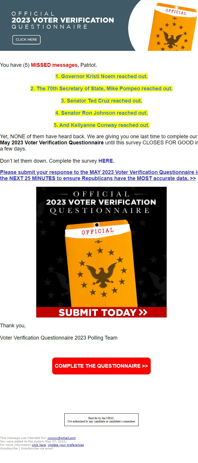 Screenshot of the email generated on import