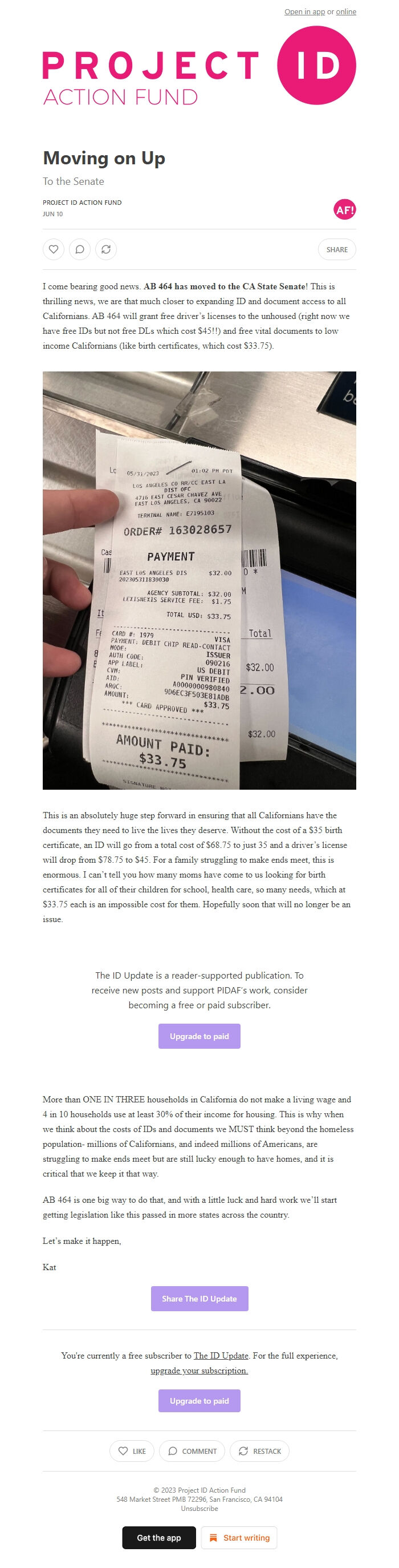 Screenshot of the email generated on import