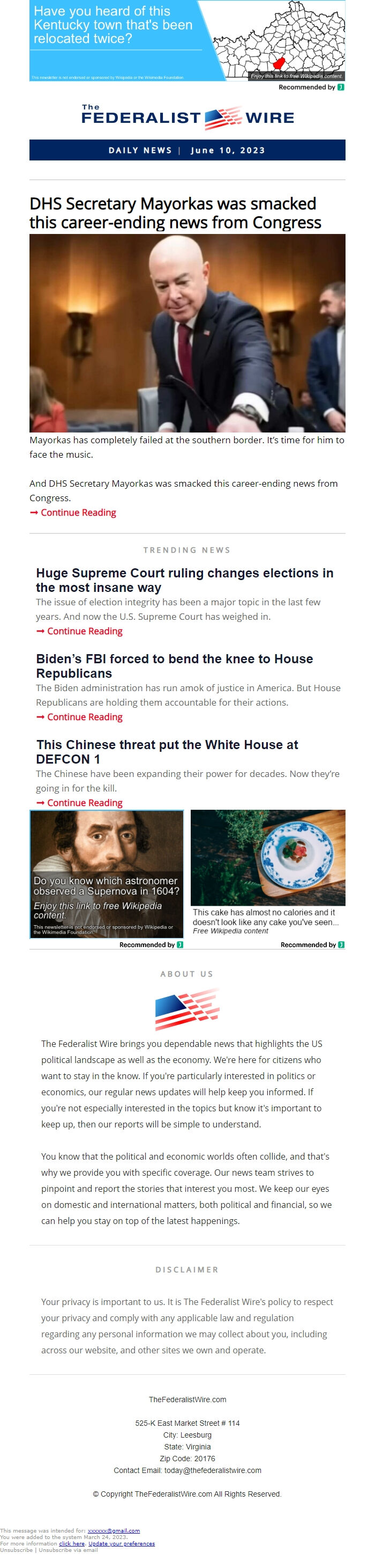 Screenshot of the email generated on import