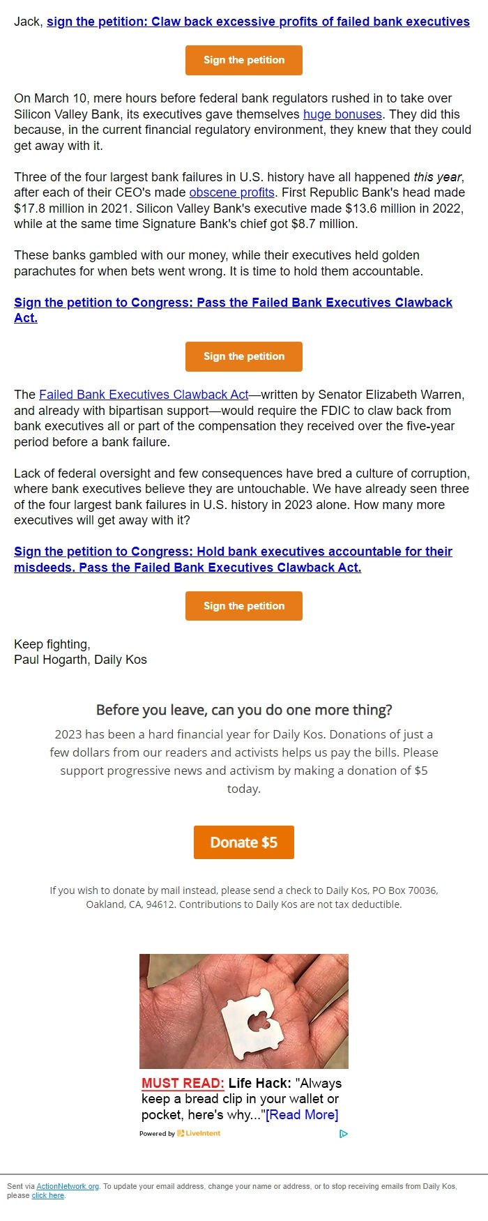 Screenshot of the email generated on import