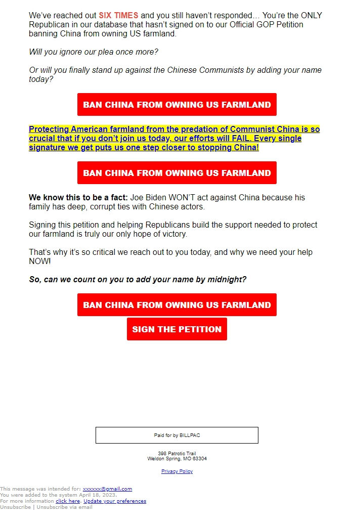 Screenshot of the email generated on import