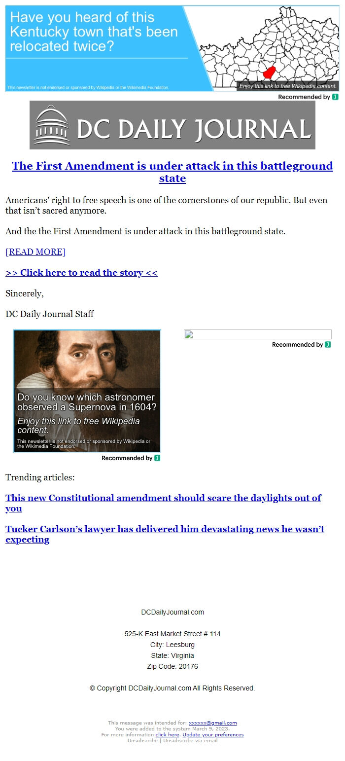 Screenshot of the email generated on import