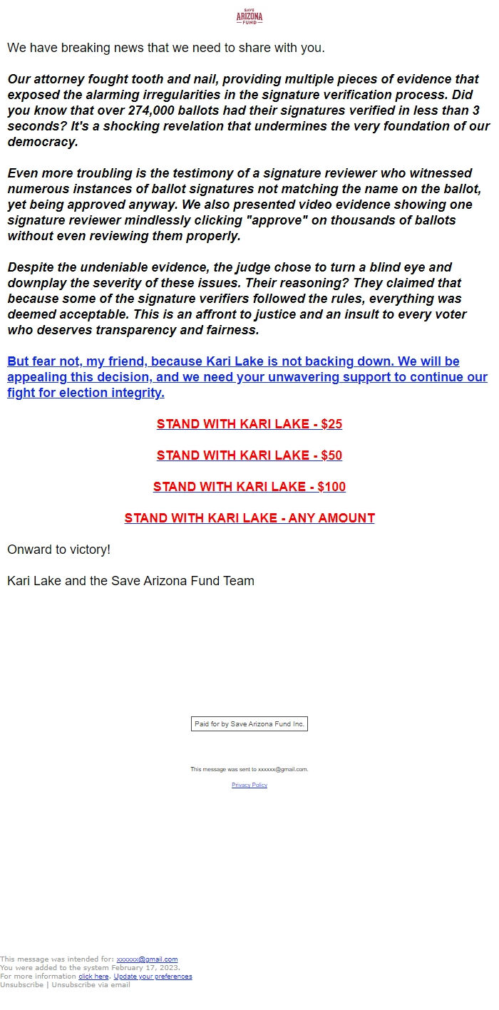 Screenshot of the email generated on import