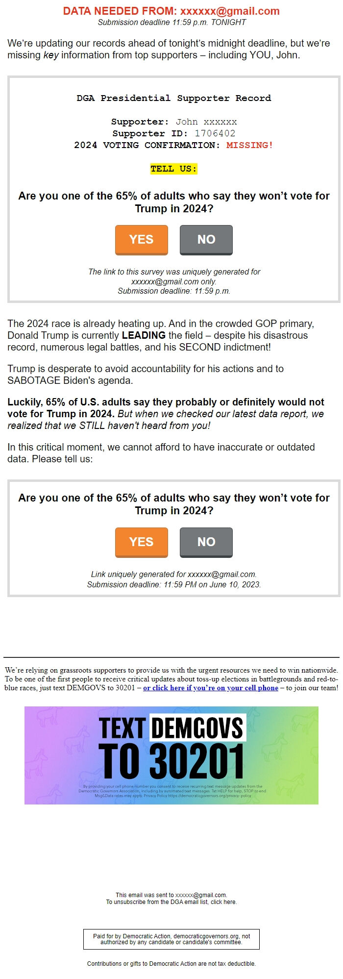 Screenshot of the email generated on import