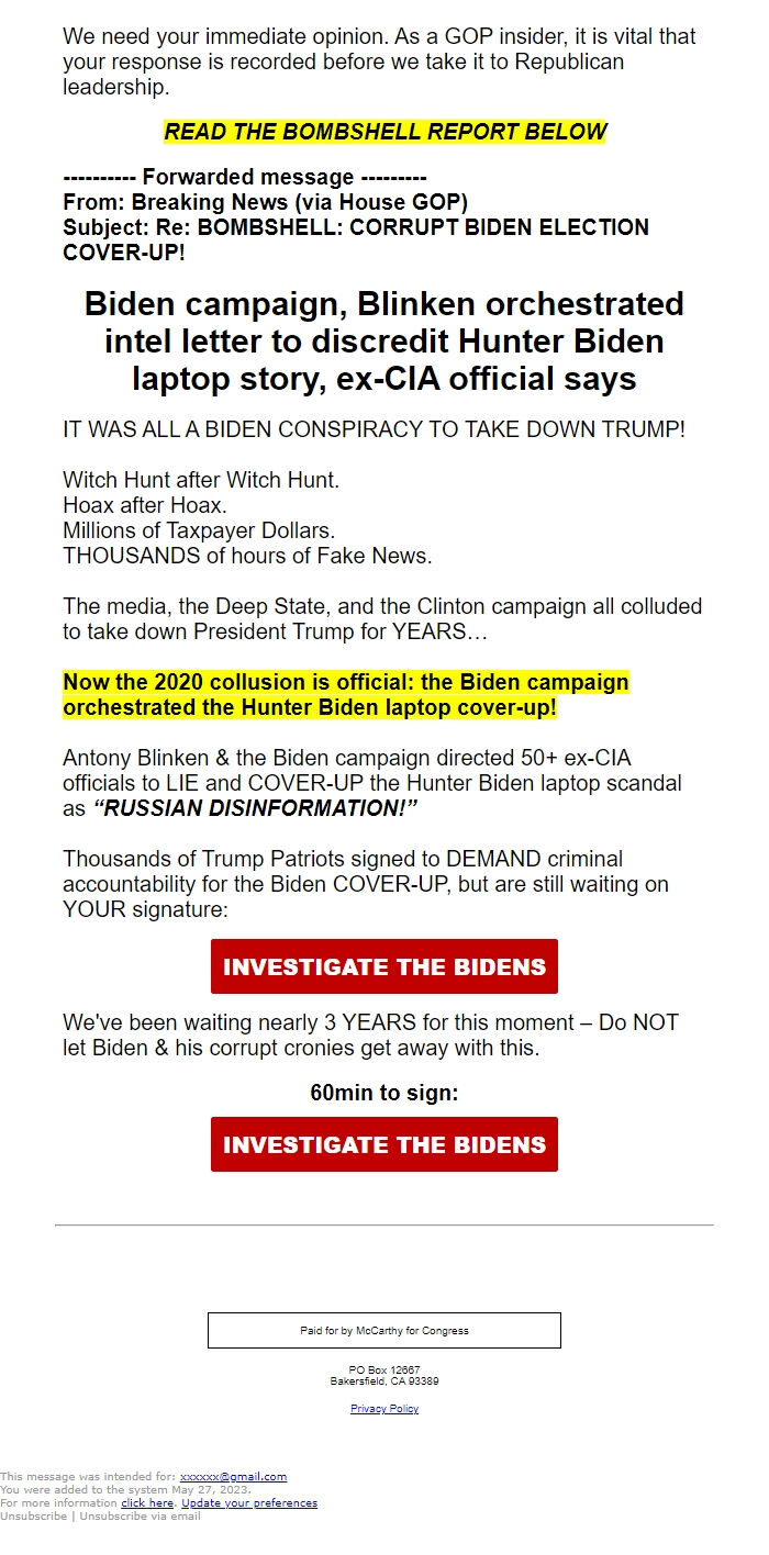 Screenshot of the email generated on import