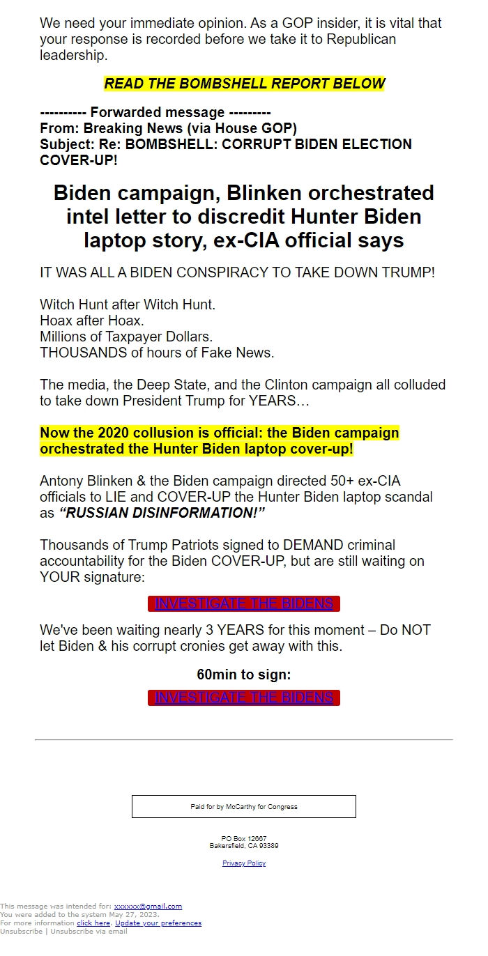 Screenshot of the email generated on import