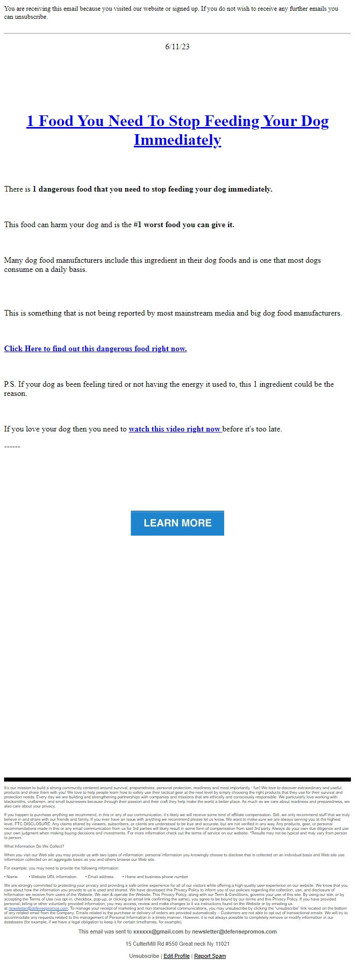 Screenshot of the email generated on import